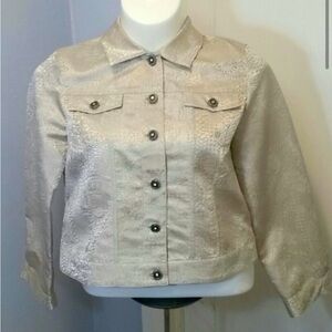 12 Chico's Metallic Gold Lace Patterned Jacket Size 12 Large